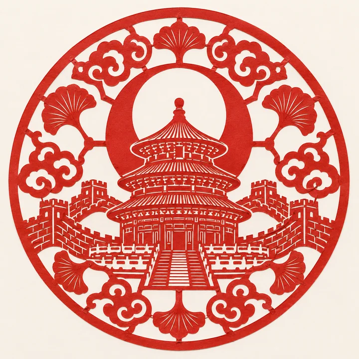 北京中秋天坛长城朱红剪影窗花