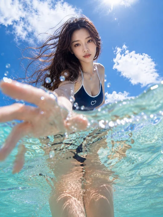 超写实电影风格热带海滩东亚女性肖像