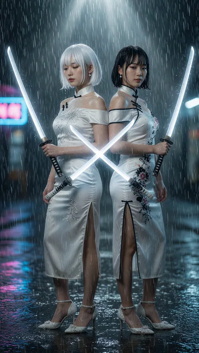 大雨中持发光武士刀的旗袍东亚女性