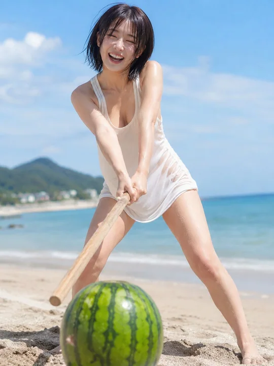 海滩劈西瓜的大笑少女