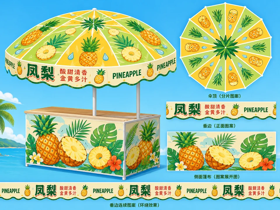 凤梨主题户外遮阳伞与摊位篷布矢量图案设计