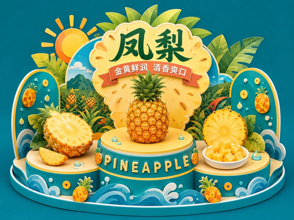 凤梨主题Q版多层剪纸岛台装置设计