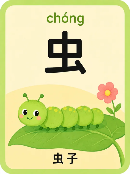 萌趣绿色毛毛虫儿童中文识字卡片
