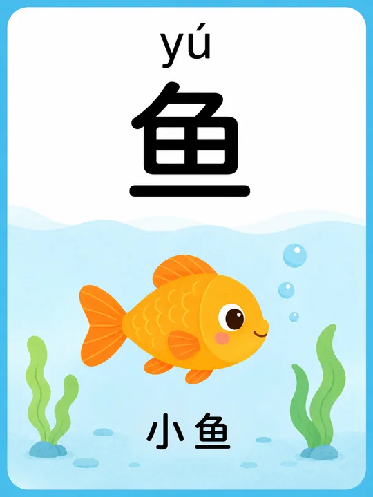 简约清新橙黄小鱼儿童中文识字卡片