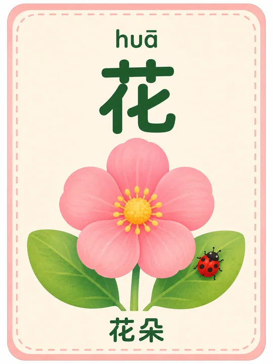 唯美清新儿童识字卡:粉嫩花朵与可爱瓢虫