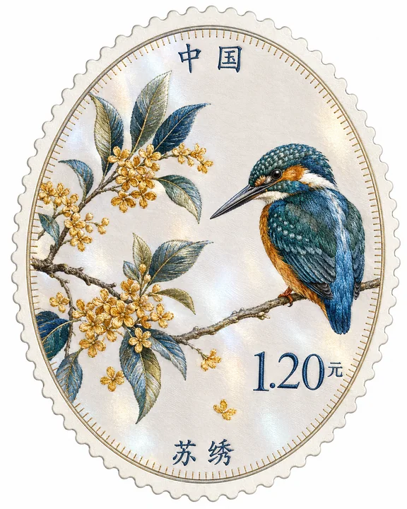 苏绣韵味:桂花翠鸟椭圆特种邮票