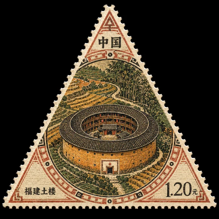 极简木刻版画风福建土楼三角形特种邮票