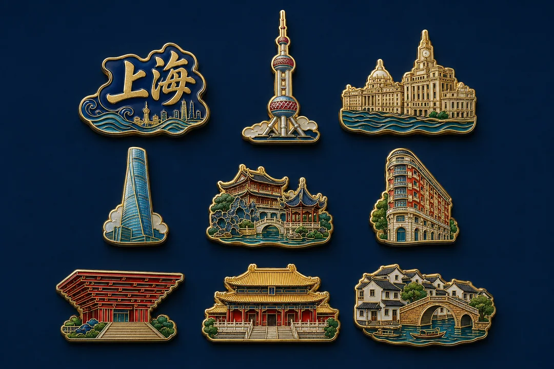 景泰蓝海派工艺上海地标冰箱贴九件套