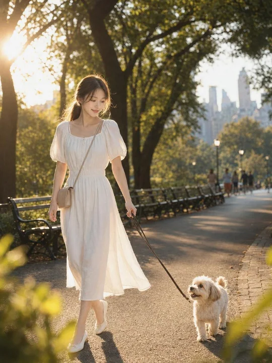 布鲁克林DUMBO韩国女性与贵宾犬电影肖像