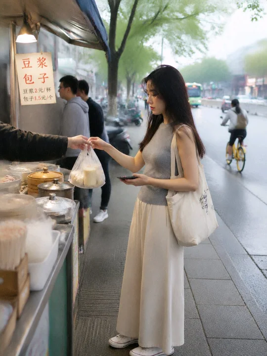 街头早餐摊前的年轻亚洲女性写实抓拍
