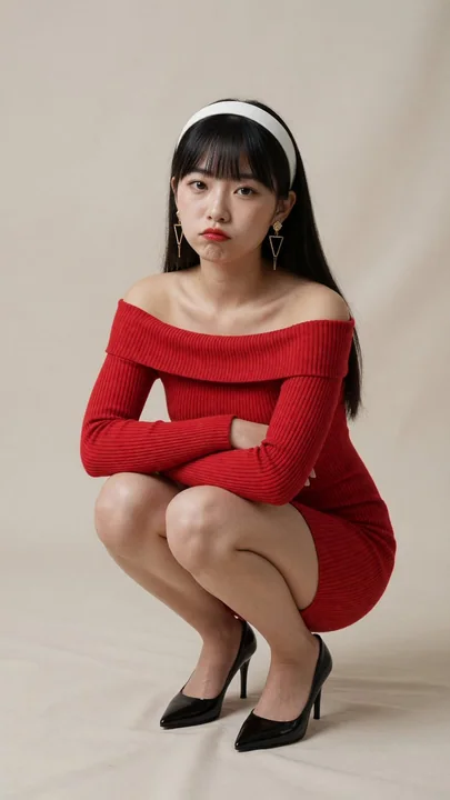 红色针织裙蹲姿东亚美女