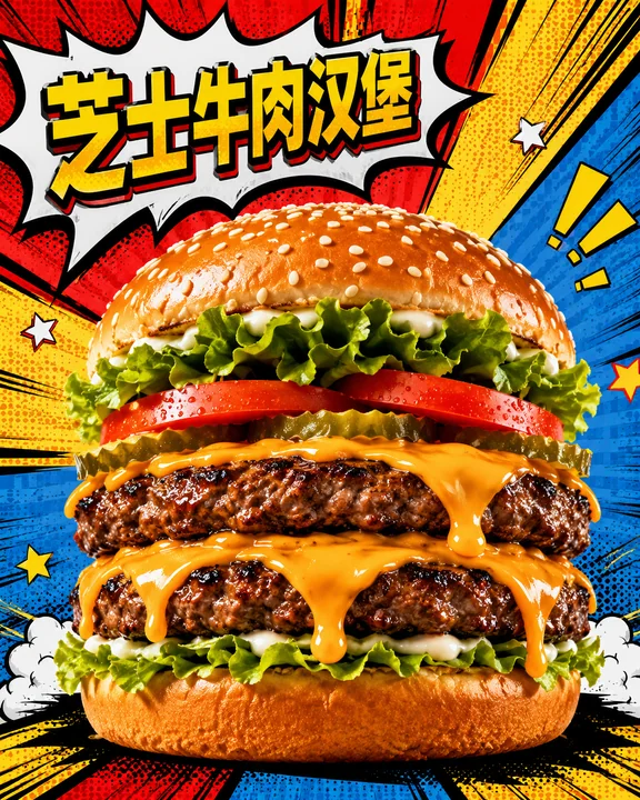 美式波普漫画风双层芝士牛肉汉堡海报