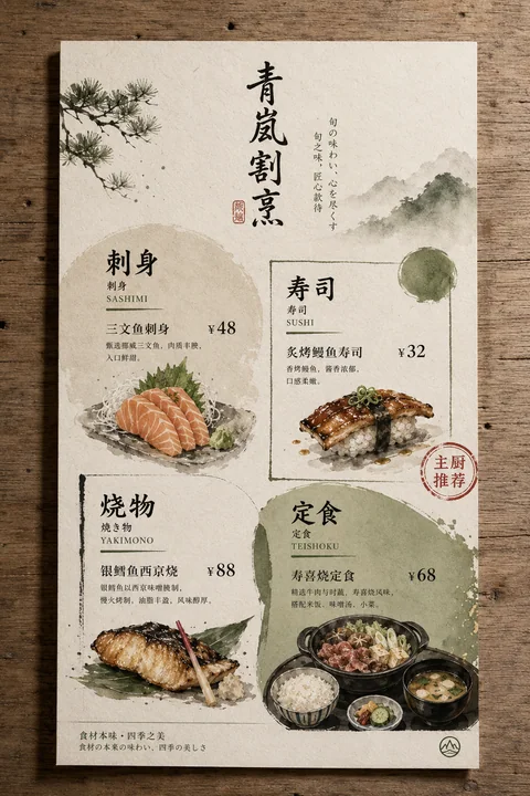 青岚割烹极简侘寂风和纸纹理餐垫菜单设计