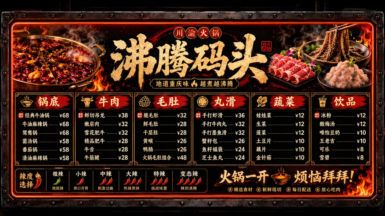 沸腾码头川渝火锅工业风黑金霓虹墙面菜单设计