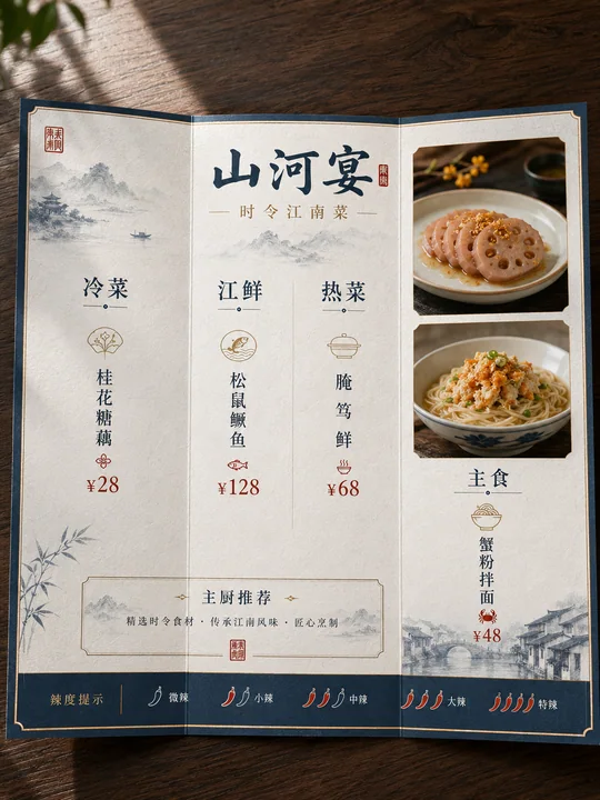 山河宴新中式三折页高端菜单设计