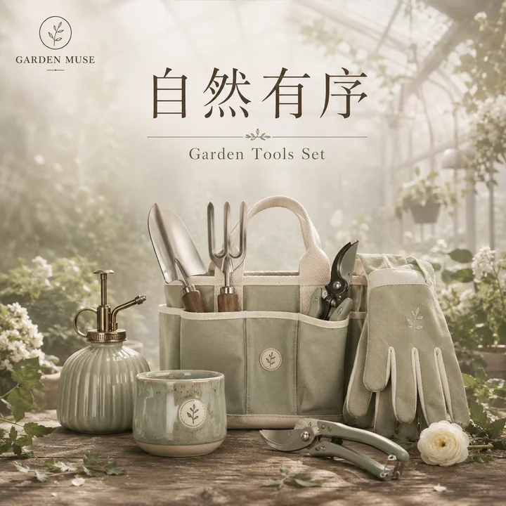 晨雾花房自然治愈系园艺工具品牌海报