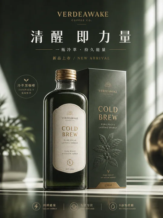 墨绿金致晨光咖啡新品发布主视觉海报