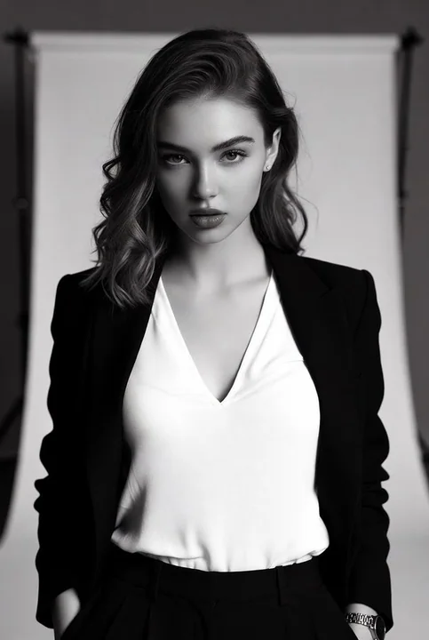 Chanteuse sévère en noir et blanc de mode