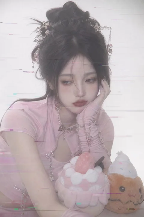 赛博故障粉红短上衣古装少女