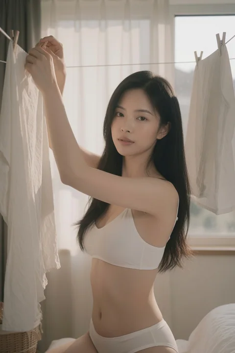 卧室床边晾衣的东亚女性生活写真
