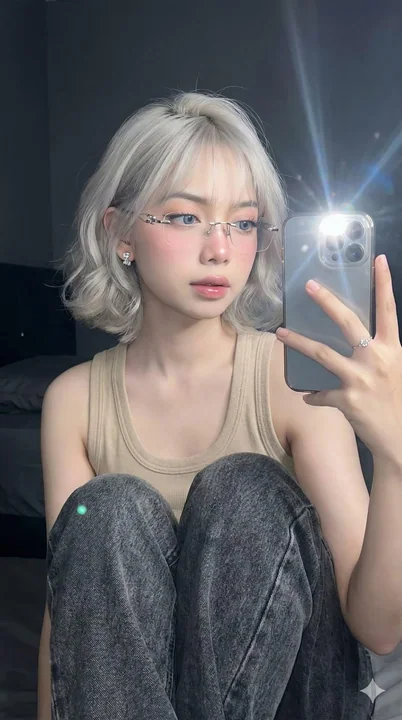 Selfie de jeune fille avec reflet dans le miroir, lumière douce, gris argenté