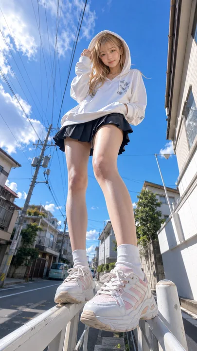 仰拍视角白色卫衣日本女性街拍写真