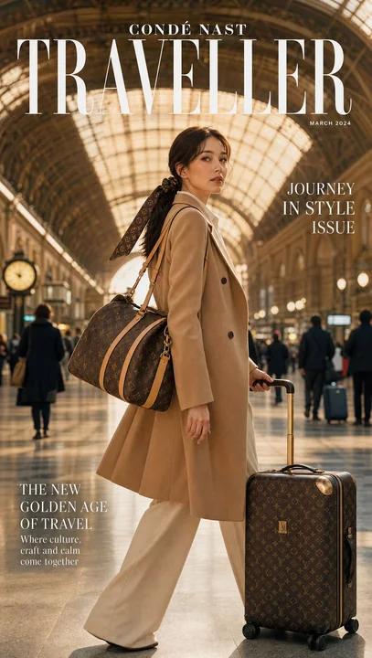 奢华旅游杂志封面优雅韩国女性LV旅行穿搭