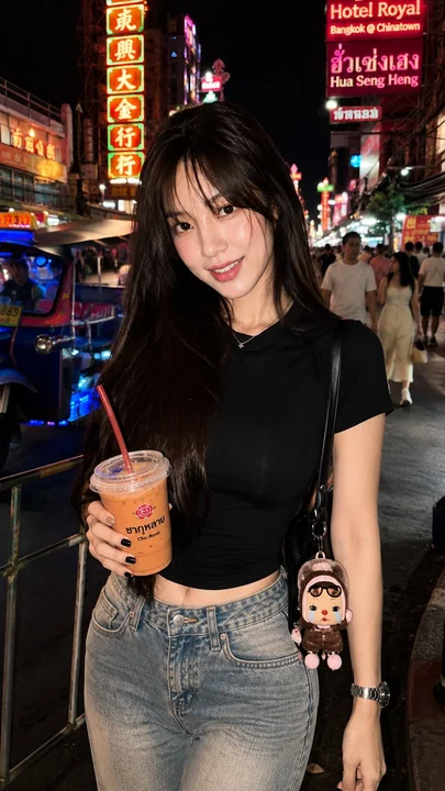 曼谷唐人街耀华力路夜景回头微笑女子人像