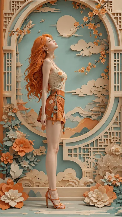 非遗剪纸风格仰望天空的航海王女孩