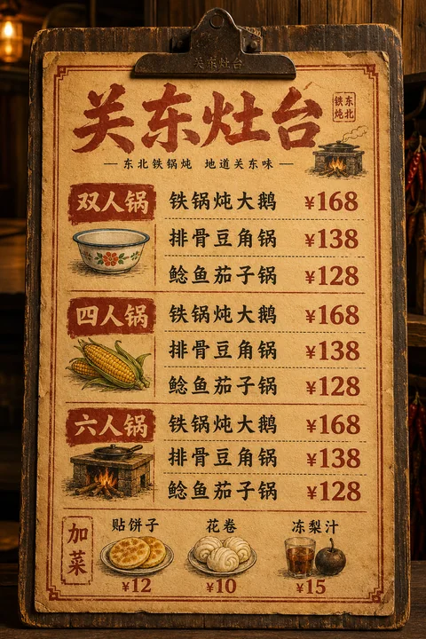关东灶台东北铁锅炖木质夹板菜单设计