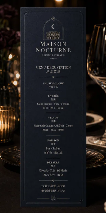 午夜蓝香槟银法式高级餐厅菜单设计