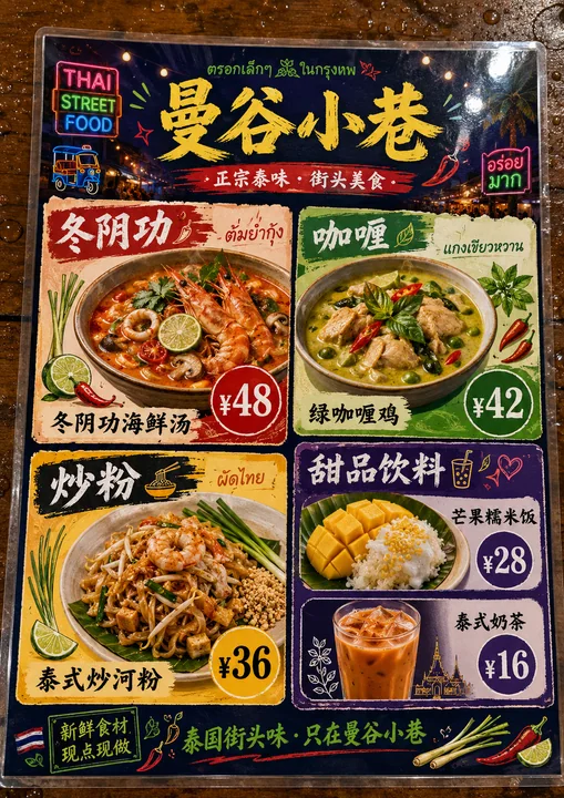 曼谷小巷泰式街头风竖版塑封菜单设计