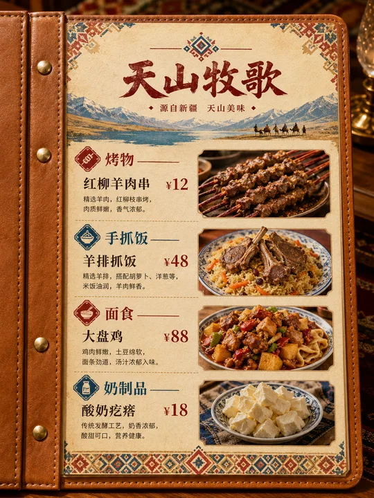 天山牧歌:融合西域美学与现代质感的皮革菜单设计