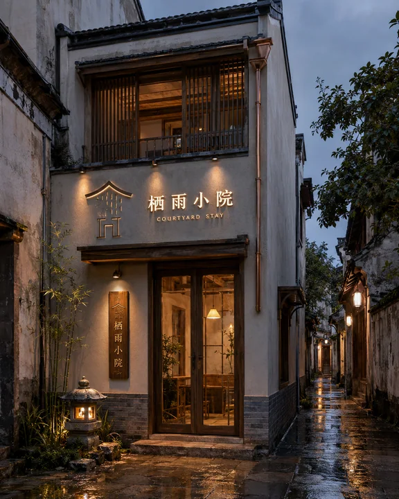 栖雨小院:历史街区里的当代东方极简民宿门头