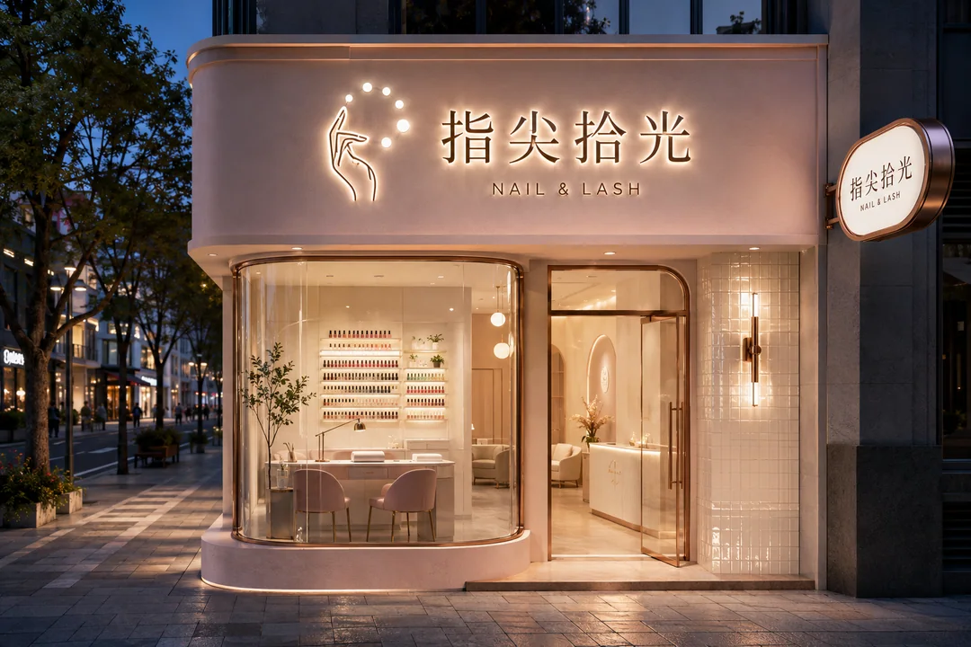 指尖拾光现代轻奢美甲美睫工作室门头设计