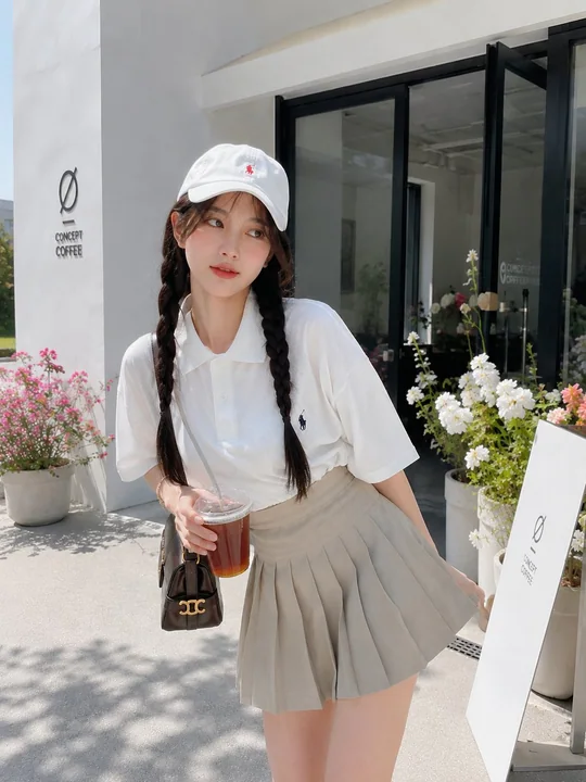 咖啡馆门前俏皮甜美的日系少女