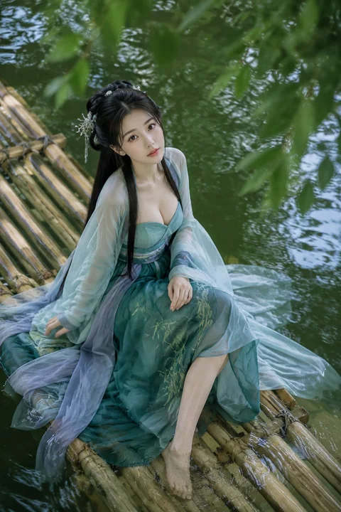 俯拍竹筏古风女子青绿意境人像