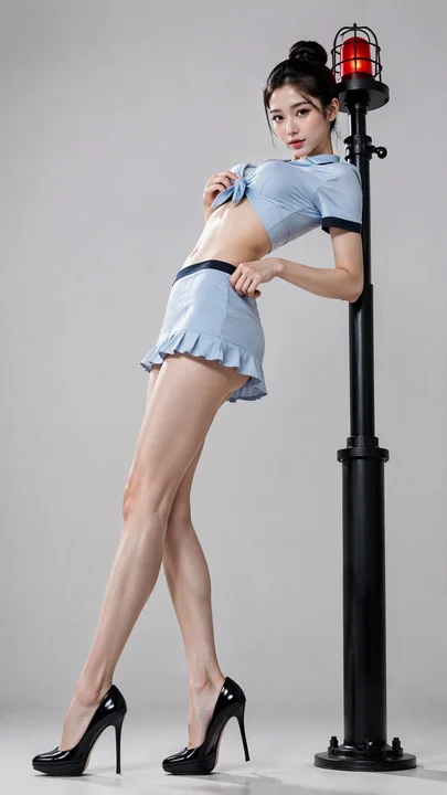 浅蓝制服亚洲女性工业灯杆时尚摄影