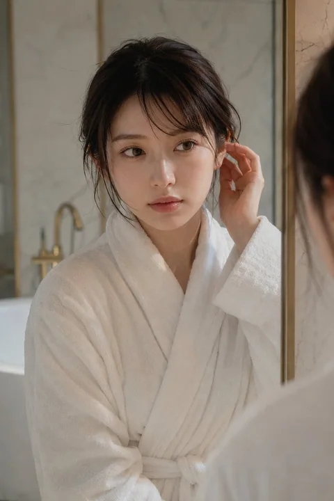 极简豪华浴室素颜浴袍女孩