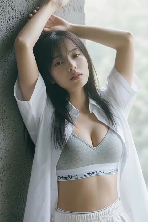混凝土墙边极简主义东亚女性写真