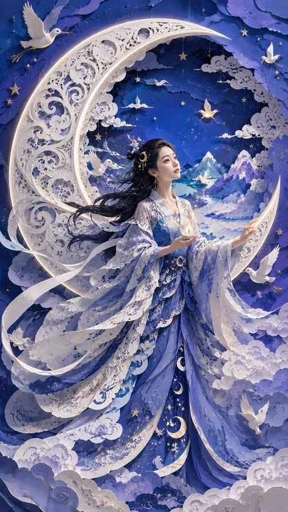 现代东方女性月亮梦境立体纸雕艺术海报