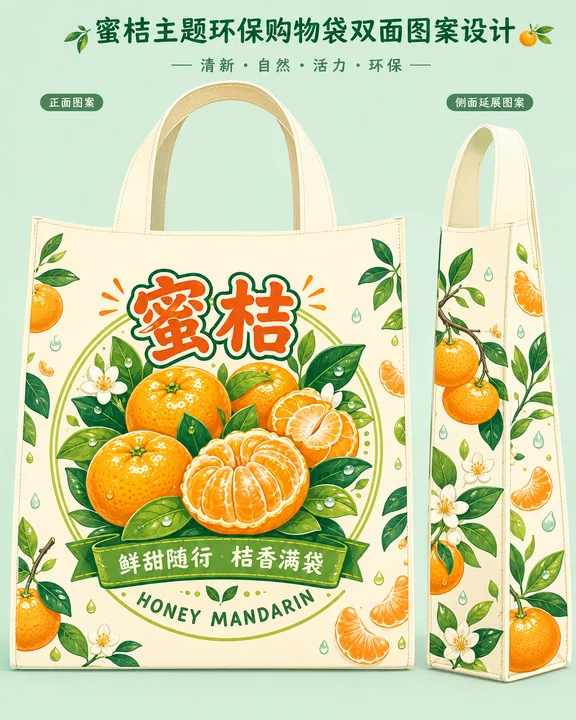 蜜桔丰收主题环保购物袋Q版矢量设计