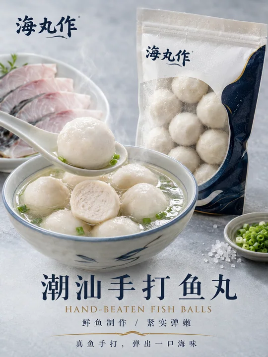 潮汕手打鱼丸高级写实商业海报