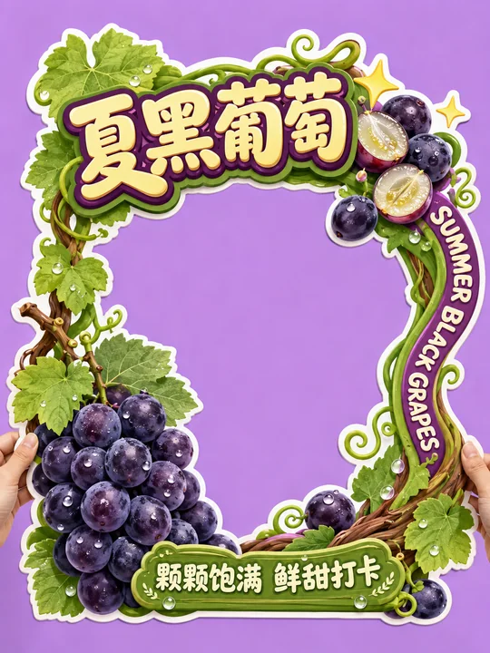 唯美夏黑葡萄Q版手持拍照框设计