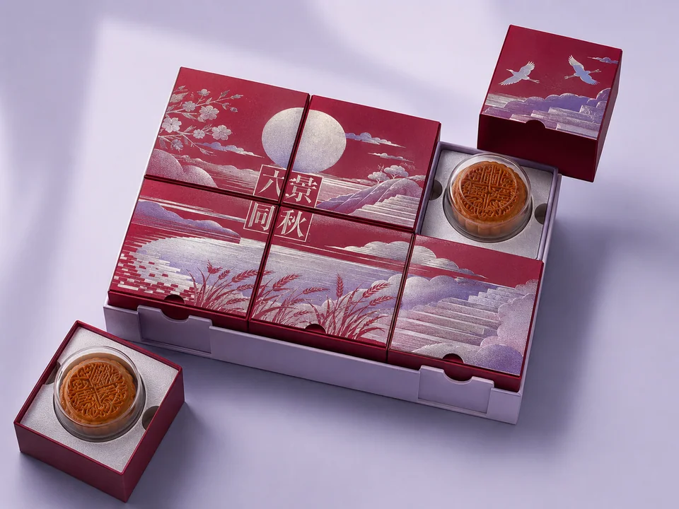宝石红六景同秋模块化月饼礼盒设计