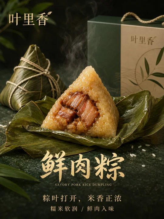 叶里香鲜肉粽高级感商业海报设计