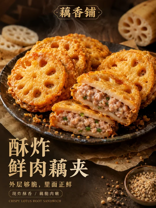 酥脆鲜香藕夹高级写实商业美食海报