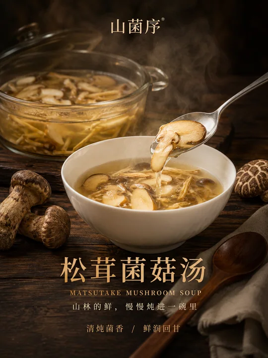 高端写实松茸菌菇汤商业海报