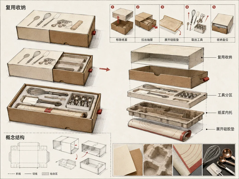 烘焙工具礼盒可持续包装设计手稿图