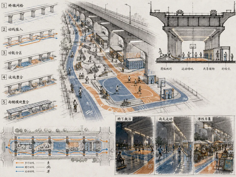 城市桥下运动驿站建筑概念设计手稿